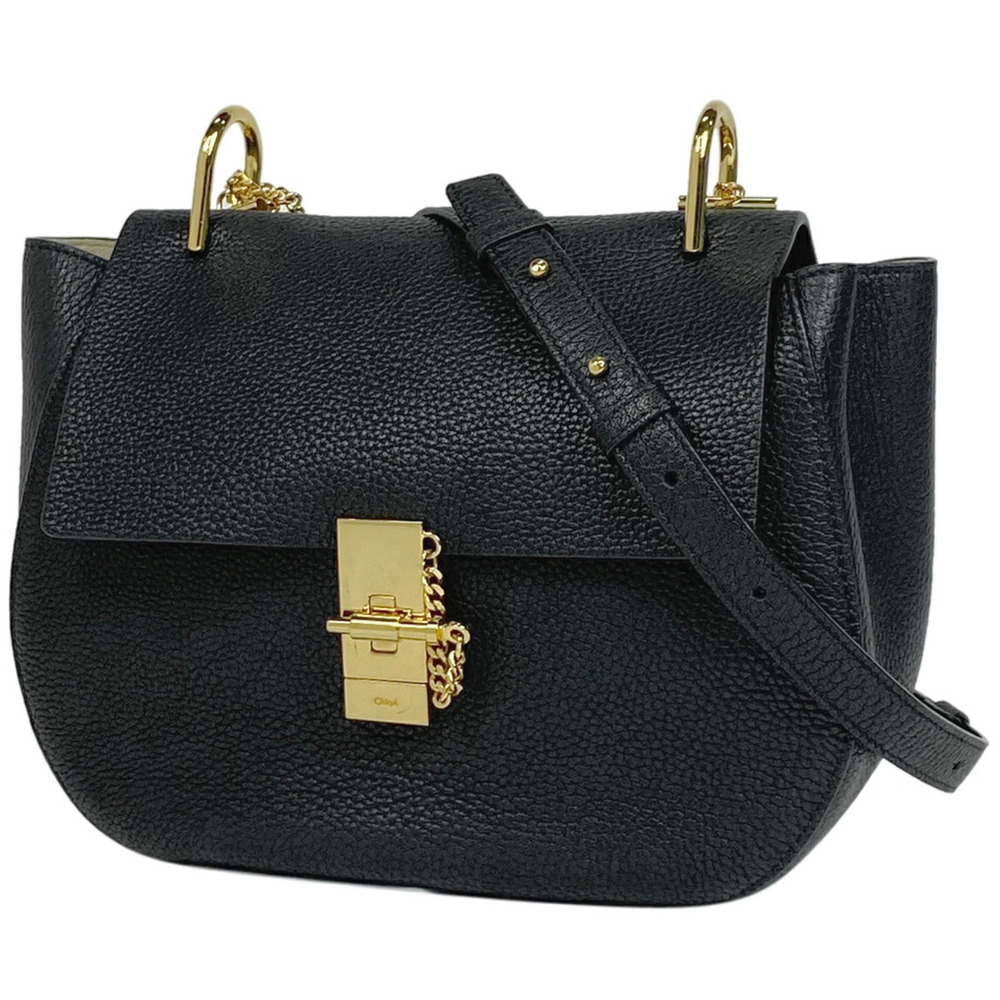 Chloe Drew Chain Shoulder Bag Logo Leather Black